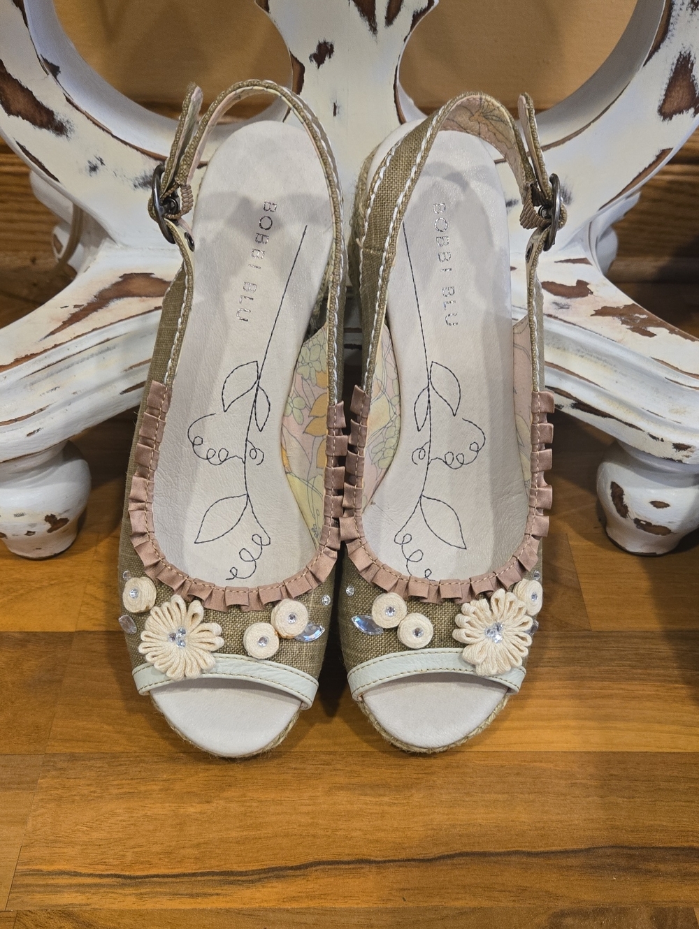 NWOB Bobbi Blu Floral Embellished Slingback Wedges in Taupe and Blush
